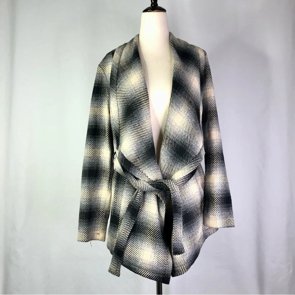 Jack by BB Dakota sweater coat grey plaid shawl collar waist tie open front XS